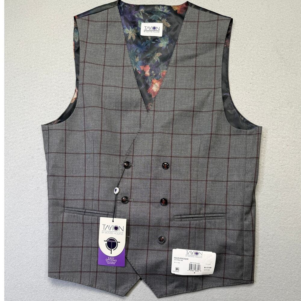 Tayion Men's Windowpane Double-Breasted Suit Vest Burgundy/gray Small $115